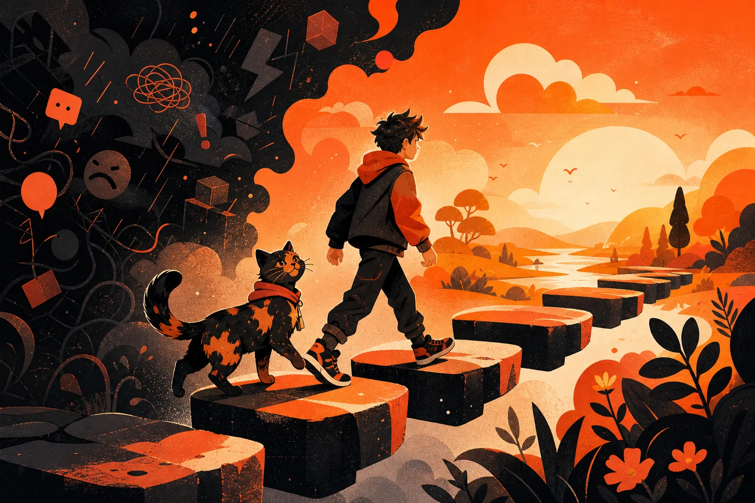 A young person and a tortoiseshell cat moving from a noisy landscape toward a calm orange horizon