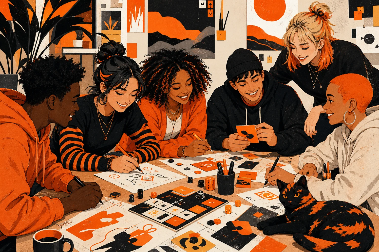 A group collaborating on games and mental wellness resources