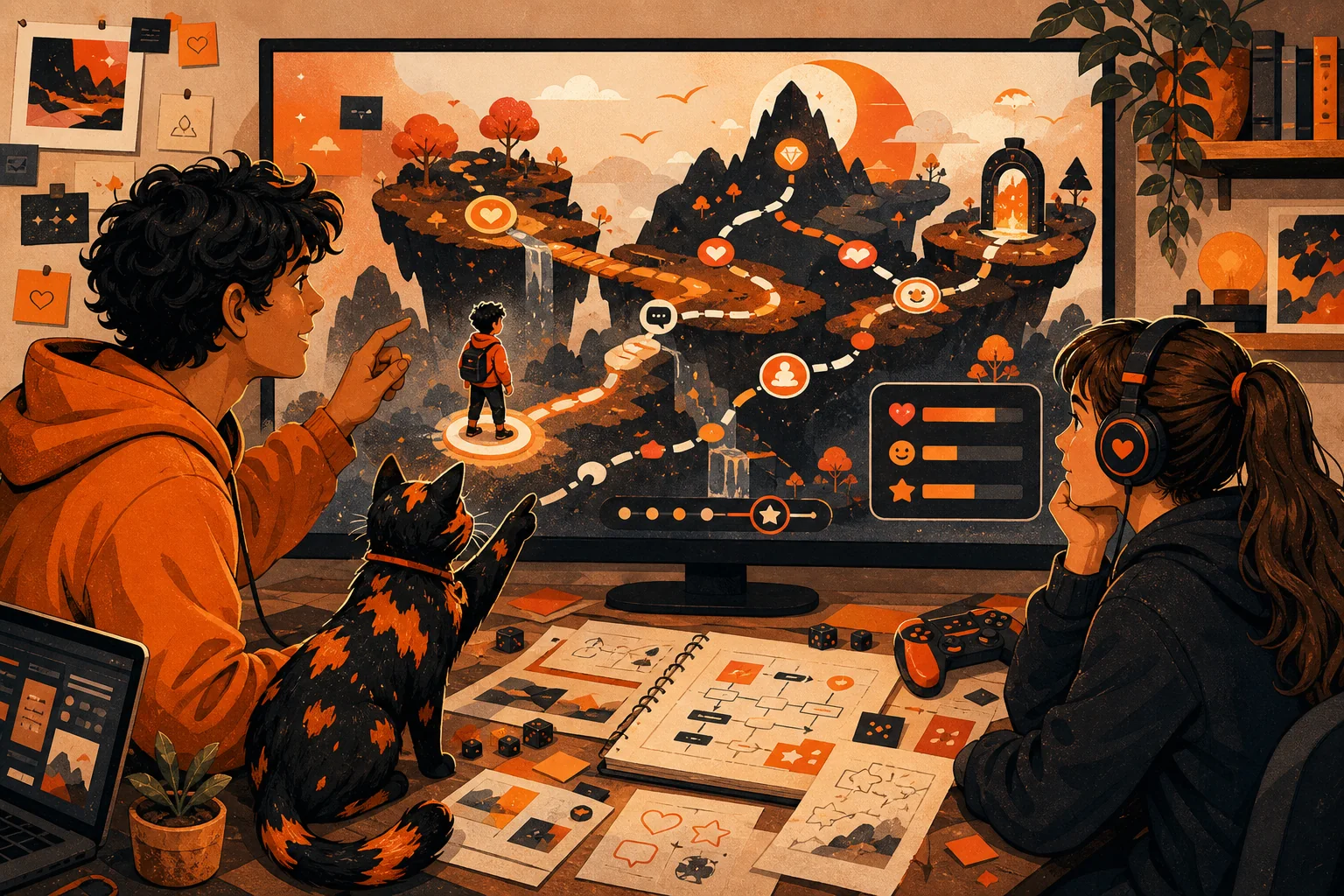 A game designer and young playtester exploring an educational game world with the Tort Co. cat mascot