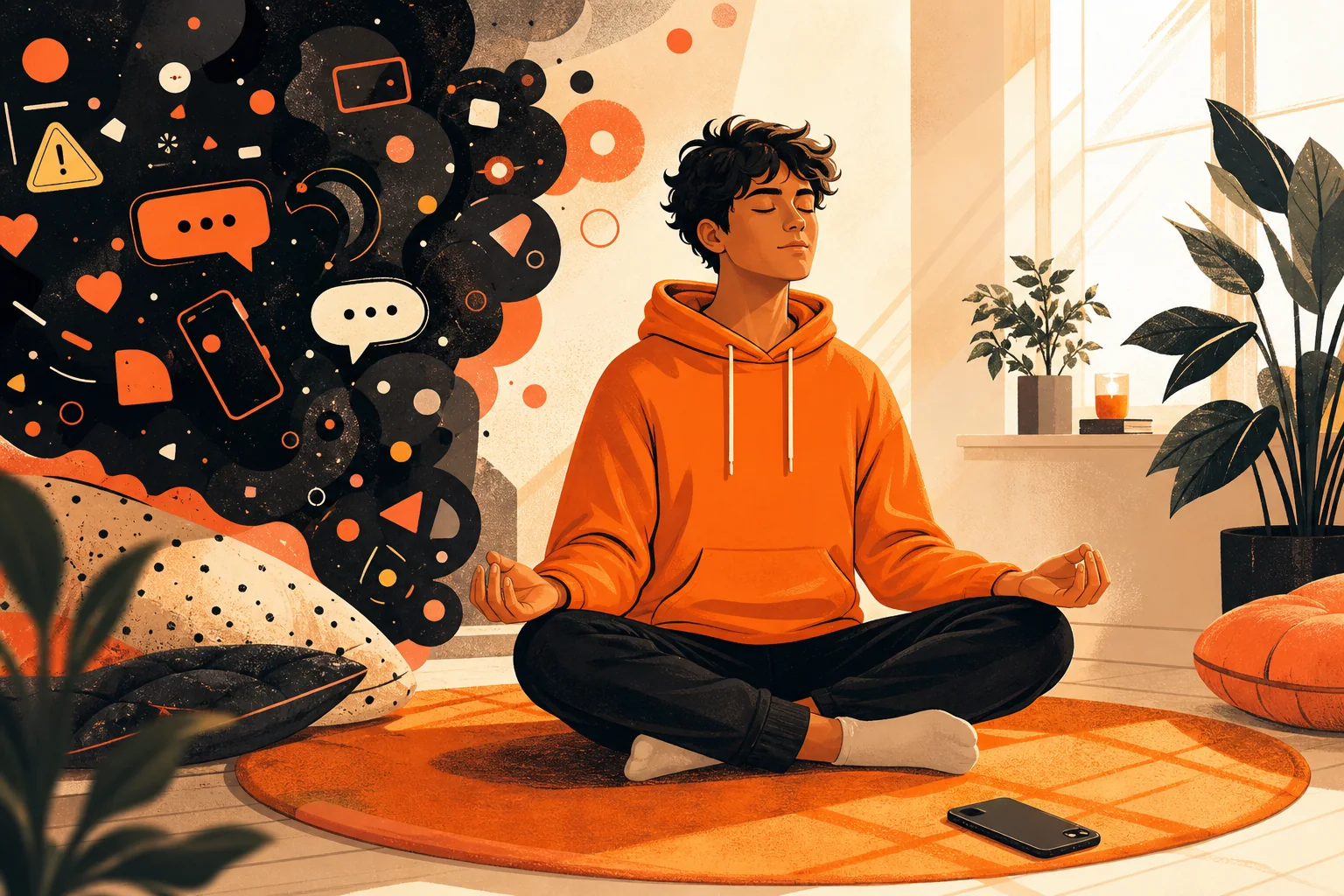 A young person practicing mindful breathing beside a phone in a warm, quiet room