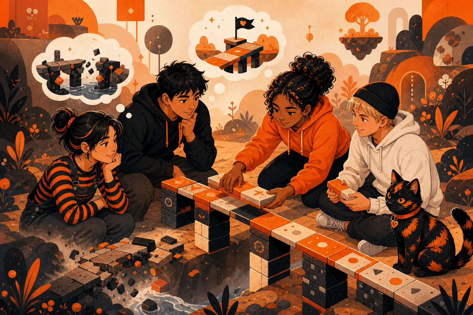 Young learners rebuilding an interactive bridge challenge together